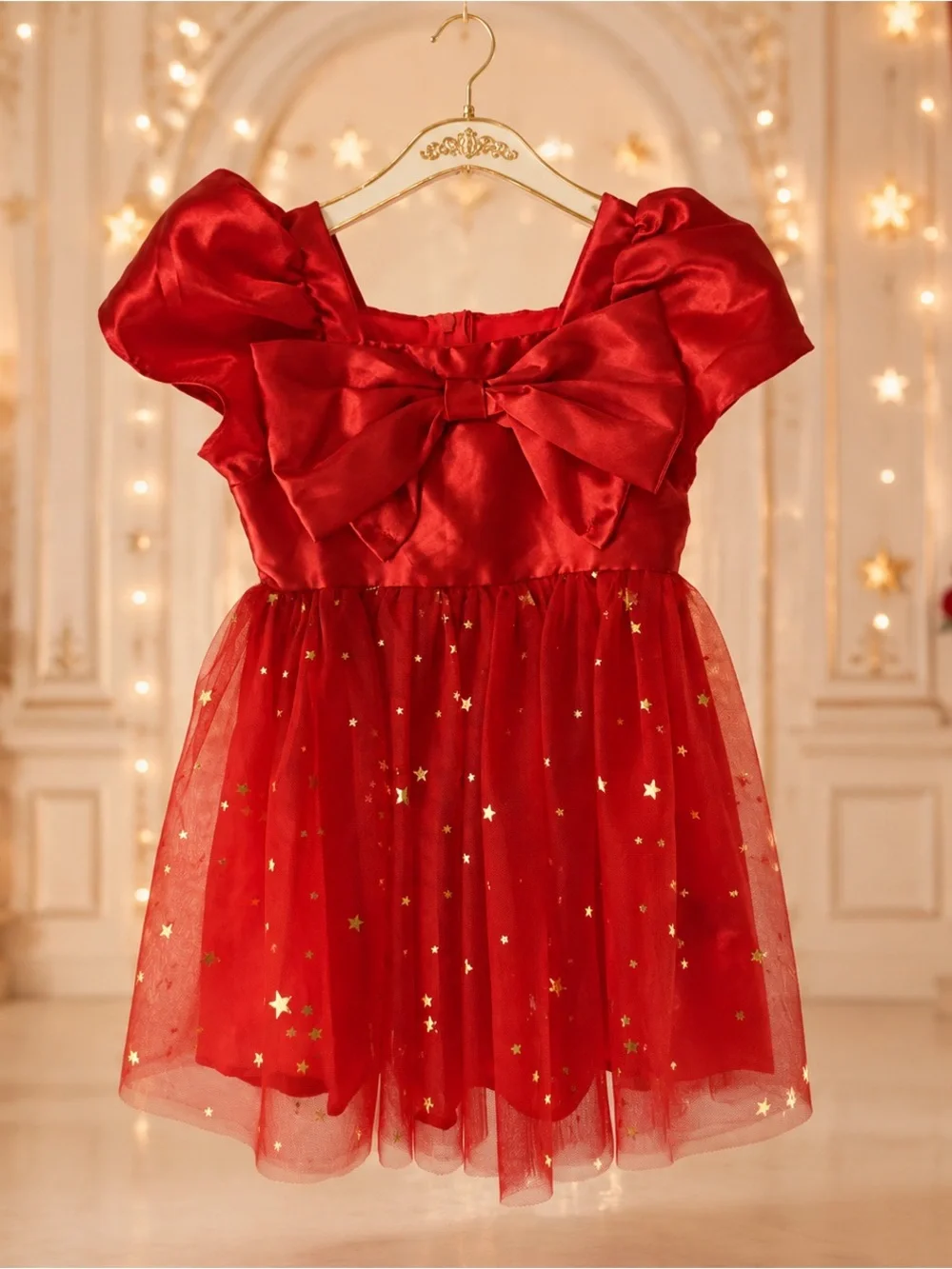 Audrey Camille Girls 2T Red Gold Star Tulle Christmas Dress & Bow NWT